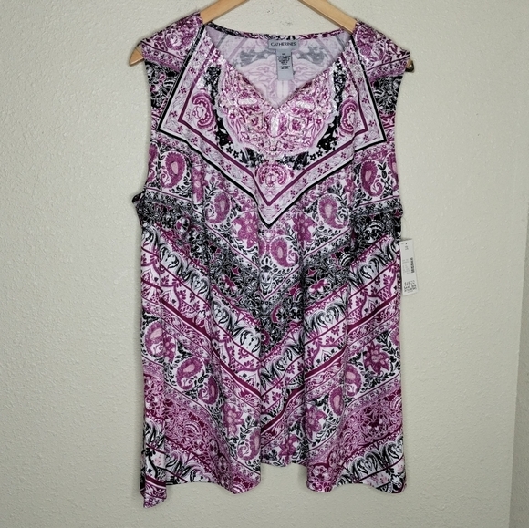 Catherines Black White Purple Sleeveless Paisley Embellished Tank Plus Size 2X - Picture 1 of 6